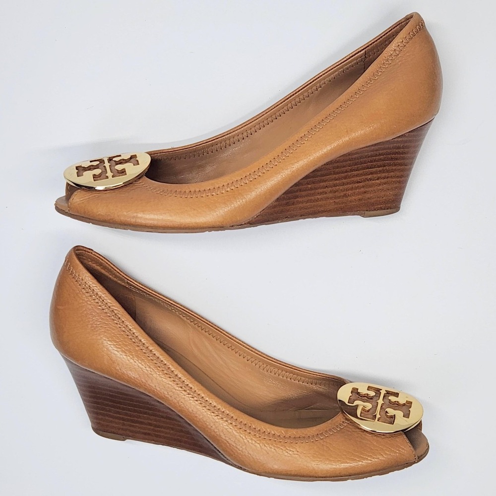 Tory Burch Shoes Womens Size 9** Brown Leather Peep Toe Wedge Logo Pumps - Picture 13 of 15